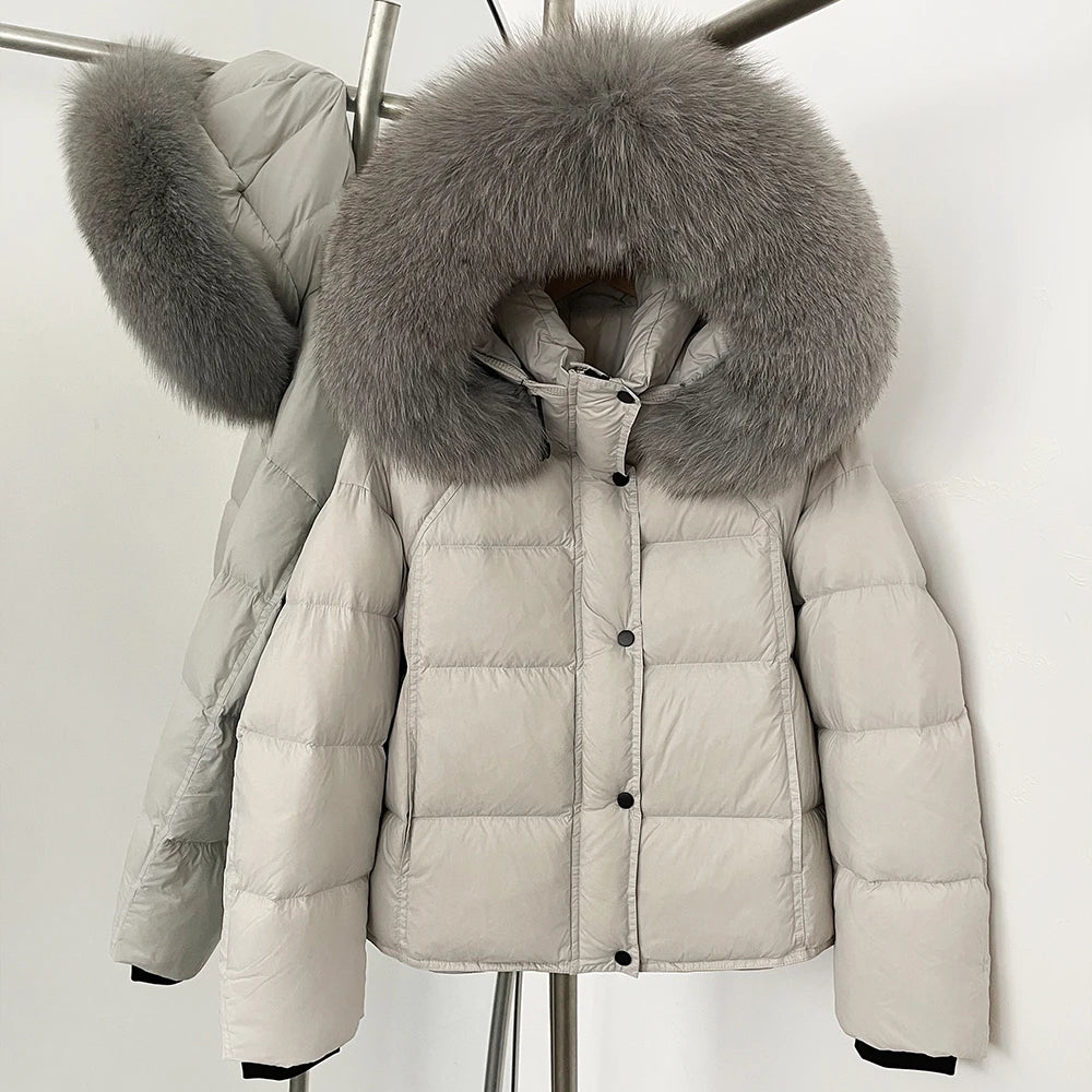 White Duck Down Coat 2025 New Autumn Winter Top Clothing Women TnickWarm Fluffy Puffer Jacket Female Hooded Real Fox Fur Caot