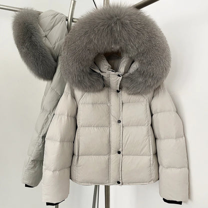 White Duck Down Coat 2025 New Autumn Winter Top Clothing Women TnickWarm Fluffy Puffer Jacket Female Hooded Real Fox Fur Caot