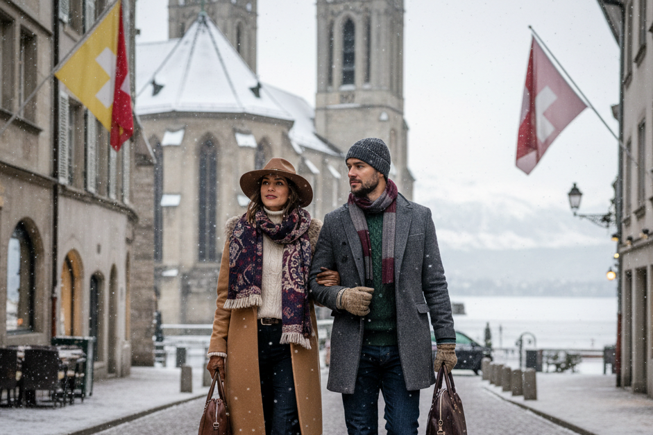 couple a geneve habiller en vêtement hivernale 